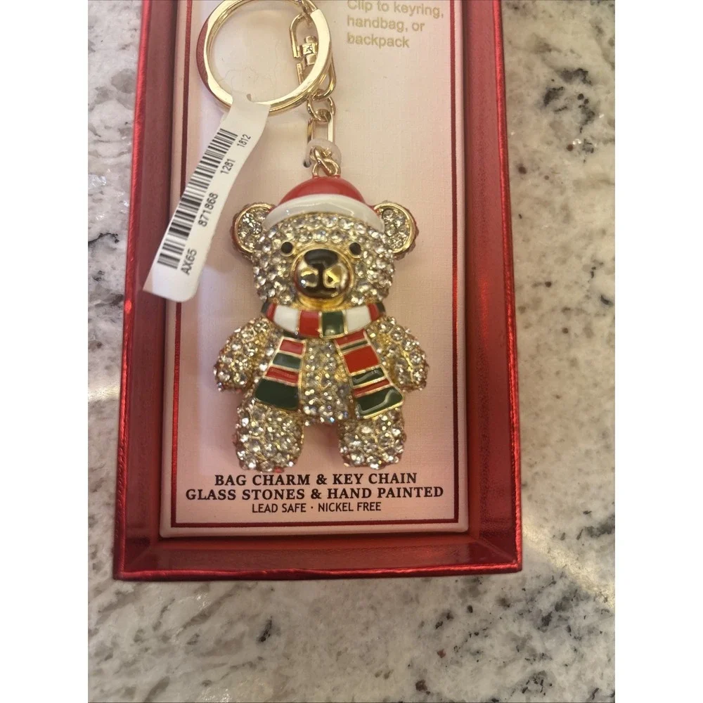 Piper K Bag Charm Keychain Teddy Bear Rhinestone Gold Tone Santa Hat Christmas